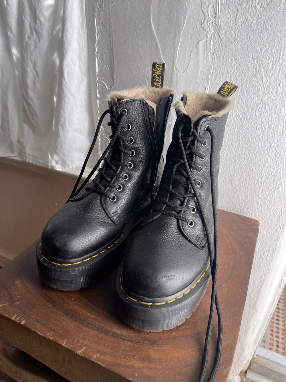 Dr. Martens Black Lace-Up Platform Boots with Yellow Stitching